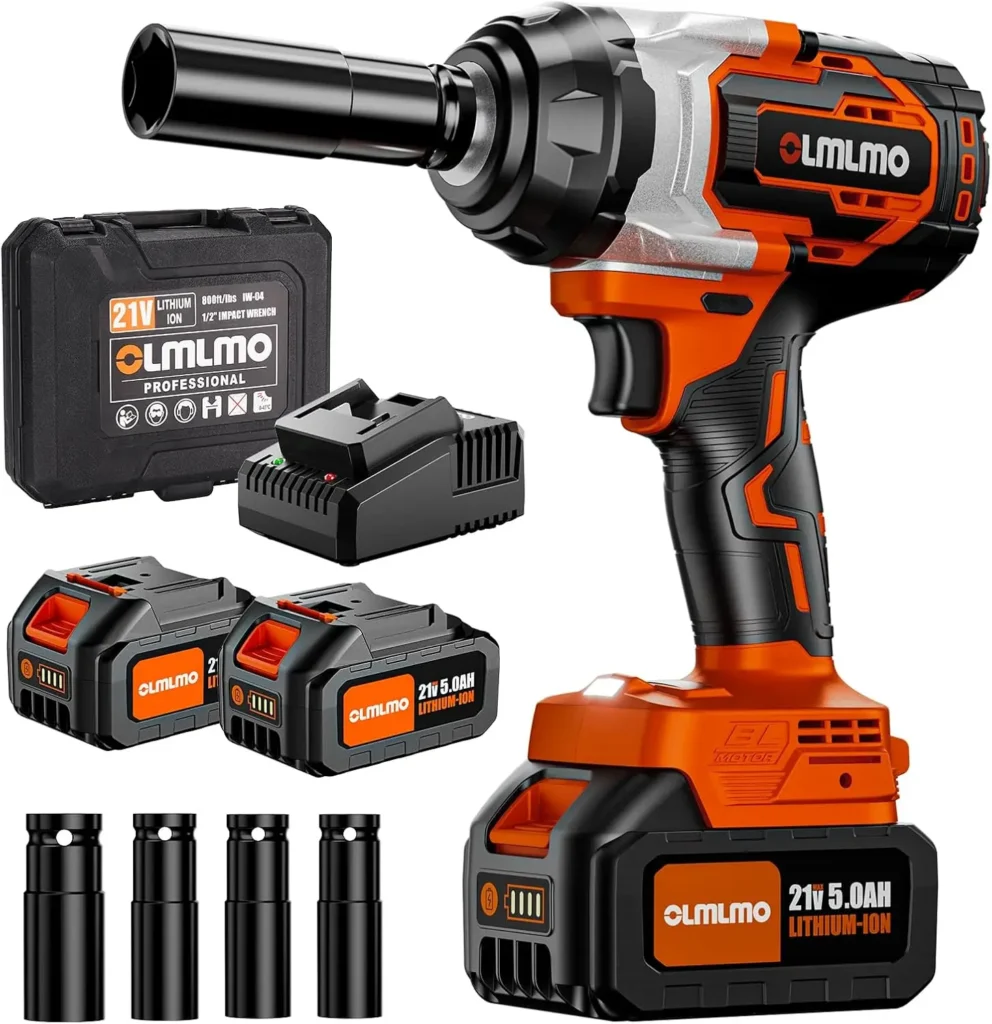 1100N.m/800Ft-lbs Cordless Impact Wrench 1/2 Inch, 2 x 5.0Ah Batteries Brushless Impact Wrench with Fast Charger, 4 Variable Spe