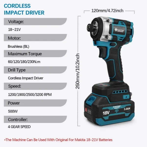 EGOD Brushless Electric Battery Wrench 230N.M Screwdriver Impact Driver Rechargeable 4 Gears Power Tool for Makita 18V Battery - Image 2