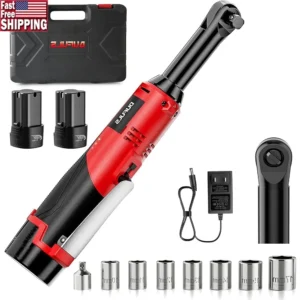 18V Cordless Ratchet Wrench 3/8" 550RPM Electric Driver with 2Pcs 2000mAh Batteries Charger LED Light Carrying Case