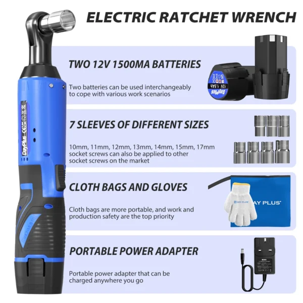 Electric Cordless Right Ratchet 3/8'' 90° Angle Wrench with LED Work Light +7pcs Sockets Set Power Ratchet Wrenches, 2 Battery - Image 5