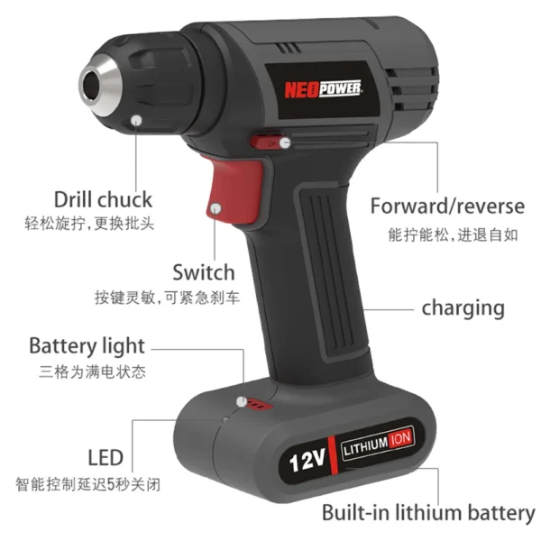 Mini Cordless Drill Driver,12V Electric Screwdriver Tool+LED Work Light,High Torque 45N.m,3/8Inch Keyless Chuck,18+1 - Image 2