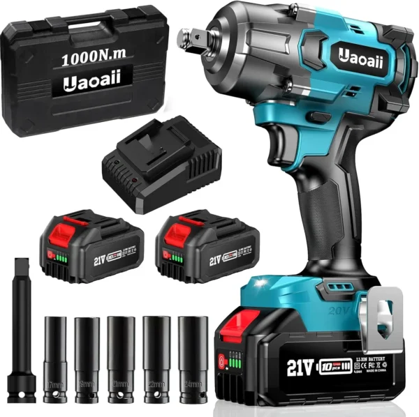 1000N.m Cordless Impact Wrench High Torque 1/2 Impact Gun w/ 2X 4.0Ah Batteries Fast Charger 5 Sockets & Storage Box