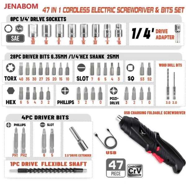 47 in 1 Cordless Electric Screwdriver Bits Set Rechargeable Torque Electric Rotatable Drill for Home Improvement DIY Project - Image 5