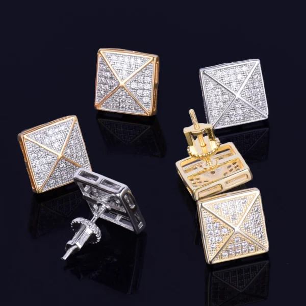 Men's Stud Earring Square Charm Screw Back Full Zircon Women Silver Color Fashion Hip Hop Jewelry - Image 6