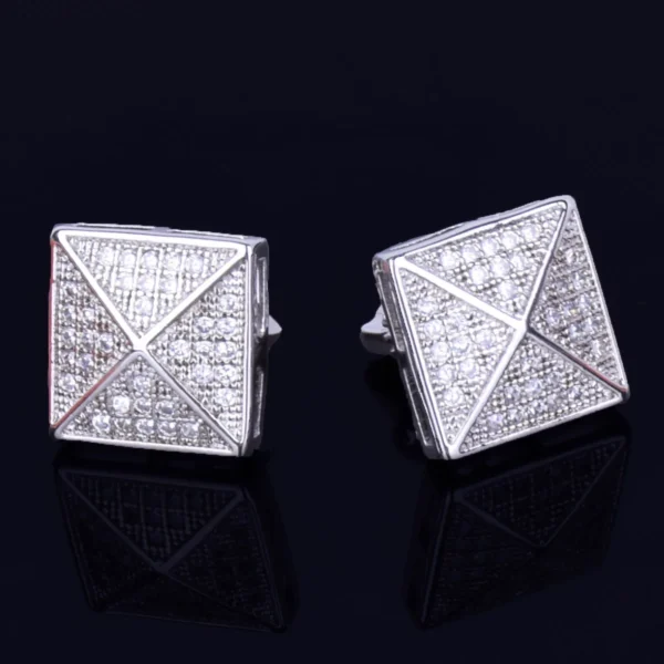 Men's Stud Earring Square Charm Screw Back Full Zircon Women Silver Color Fashion Hip Hop Jewelry - Image 3