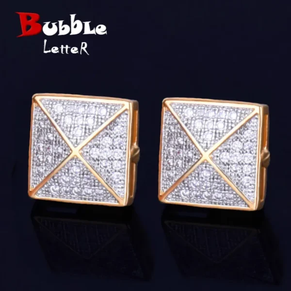 Men's Stud Earring Square Charm Screw Back Full Zircon Women Silver Color Fashion Hip Hop Jewelry