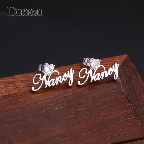 DOREMI 3A Heart Zircon Name Earring Personalized Custom Name Earrings Women Customize Initial Cursive Nameplate Stud Earring - Image 2