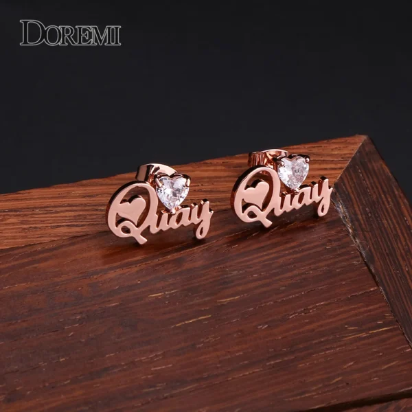 DOREMI 3A Heart Zircon Name Earring Personalized Custom Name Earrings Women Customize Initial Cursive Nameplate Stud Earring - Image 3