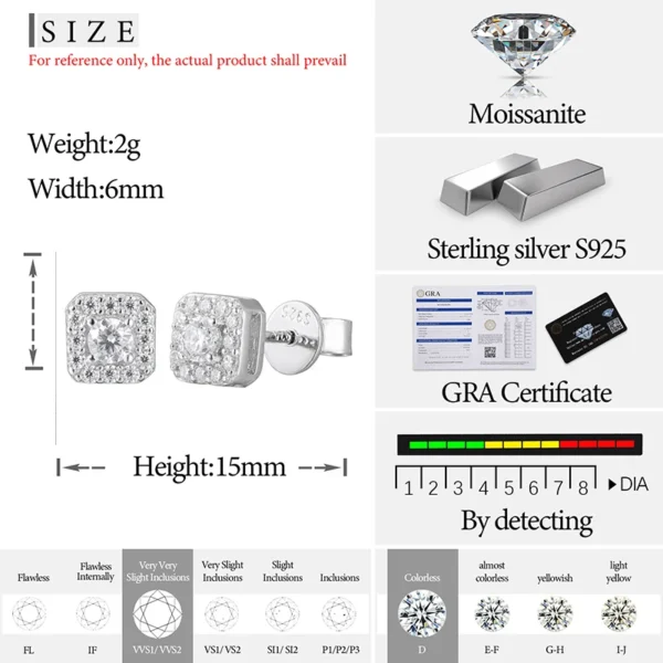 D VVS1 Pass Diamond Tester Unisex Moissanite Square Stud Earrings 925 Sterling Silver For Women Men Fine Jewelry Earring Gift - Image 6