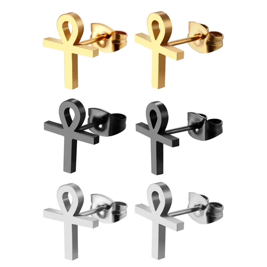 Boniskiss 6pcs/Set Cross Earrings Ancient Egyptian Ankh Simple Stud Stainless Steel for Men Women AUM OM Prayer Ear Jewelry Gift