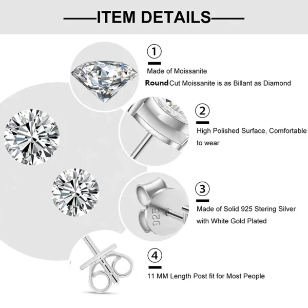 GRA Certified Moissanite Stud Earrings for Woman Man 100% 925 Sterling Silver Earrings Sparkling Wedding Party Jewelry Gifts - Image 4