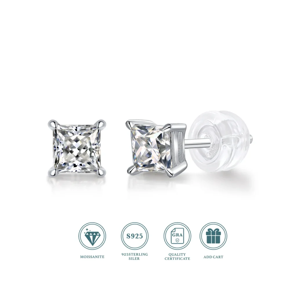 JIUZUAN 2pcs/pair S925 Moissanite Square Lab Created Stud Earrings, Men's Hip Hop Jewelry, Christmas Gifts