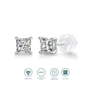 JIUZUAN 2pcs/pair S925 Moissanite Square Lab Created Stud Earrings, Men's Hip Hop Jewelry, Christmas Gifts