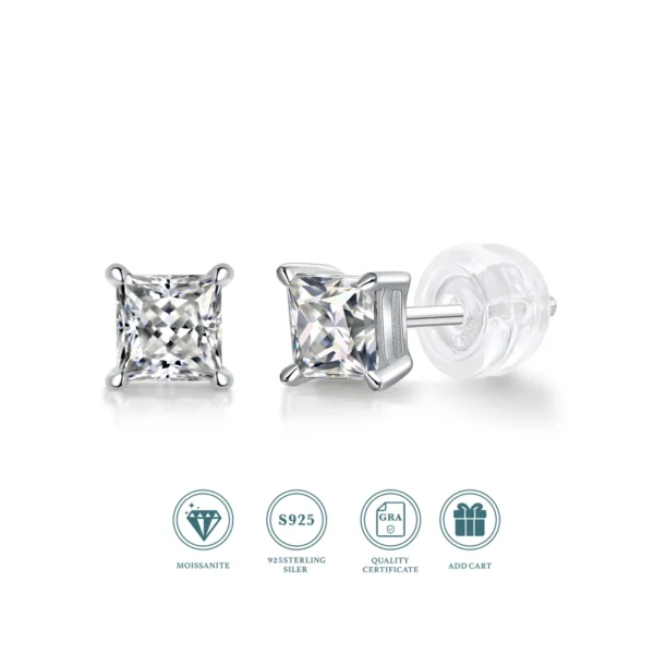 JIUZUAN 2pcs/pair S925 Moissanite Square Lab Created Stud Earrings, Men's Hip Hop Jewelry, Christmas Gifts