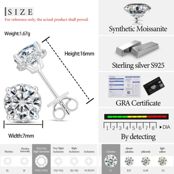 GRA Certified Moissanite Stud Earrings for Woman Man 100% 925 Sterling Silver Earrings Sparkling Wedding Party Jewelry Gifts - Image 6