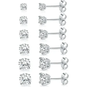 18K White Gold Plated 4 Pong Round Clear Cubic Zirconia Stud Earring Pack of 6 Pairs (6 Pairs)