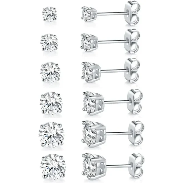 18K White Gold Plated 4 Pong Round Clear Cubic Zirconia Stud Earring Pack of 6 Pairs (6 Pairs)