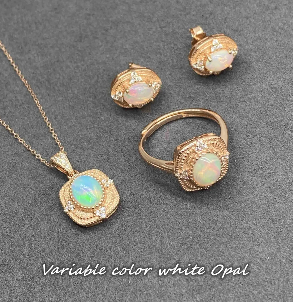 White Opal set, including rings, stud earrings and necklaces, features an exquisite "color-changing effect", a dreamy look and i