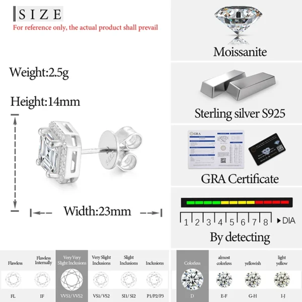 D VVS Ascher Cut Moissanite Square Stud Earrings 925 Sterling Silver High Quality For Women Wedding Jewelry Passed Diamond Test - Image 3