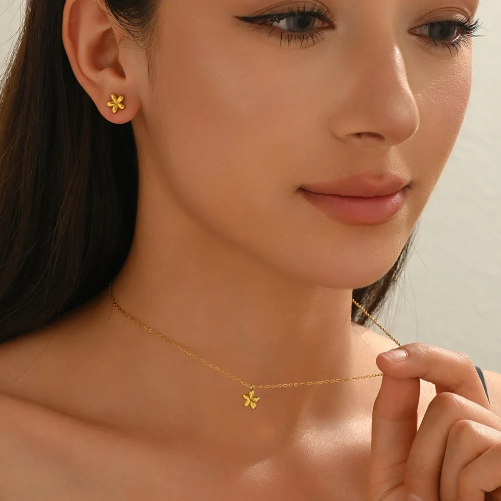Lxalry 18K Gold Plated 5-Petal Floral Set, Hypoallergenic Necklace & Stud Earrings, Mirror Polish, Adjustable