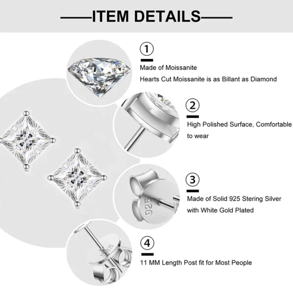 Princess Cut 1-2.4 Ct Moissanite Earrings for Women Men 925 Sterling Silver Sparkling Diamond Ear Studs Fine Party Jewelry Gifts - Image 4