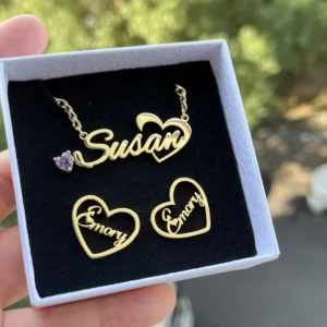 DUOYING Custom Heart Name Necklace Personalized Colorful Stone Nameplate Birthstone Letter Earring Studs Stainless steel Jewelry