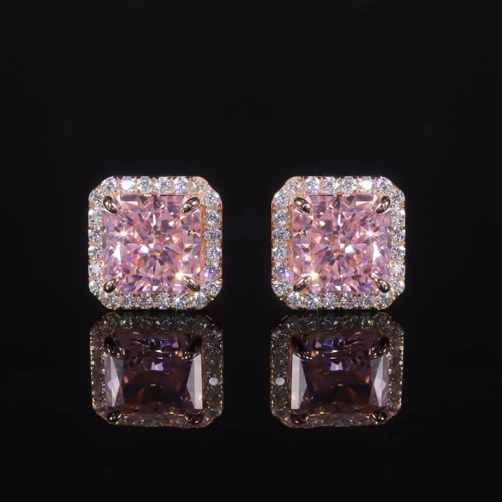 GEM'S BALLET 925 Sterling Silver Luxury Jewelry Women's Earrings Diamond-fire CZ- Diamond Pink Halo Stud Earrings Gift For Her