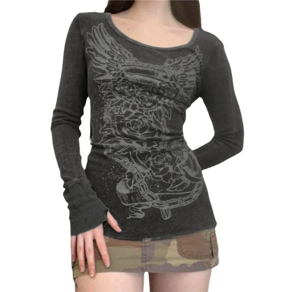 Xingqing 2000s Graphic T Shirt Vintage Fairy Grunge Floral Wings Print Long Sleeve Tops y2k Women Clothes Basic Harajuku Tee