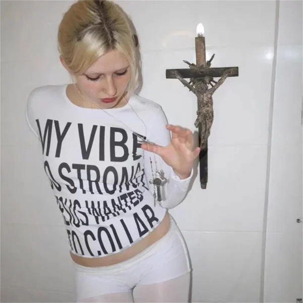 Letter Printed Long Sleeved T-shirt for Women Retro Y2K Streetwear Vintage Harajuku Gothic Hip Hop Slim Fit Top Chic Crop Top - Image 2
