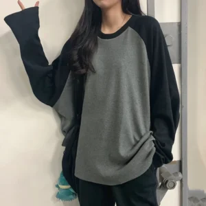 New 2024 Female T-shirt Grey O Neck Contrast Color Long Sleeve T Shirt Loose Autumn Tee Tops for Women Shirts Patchwork