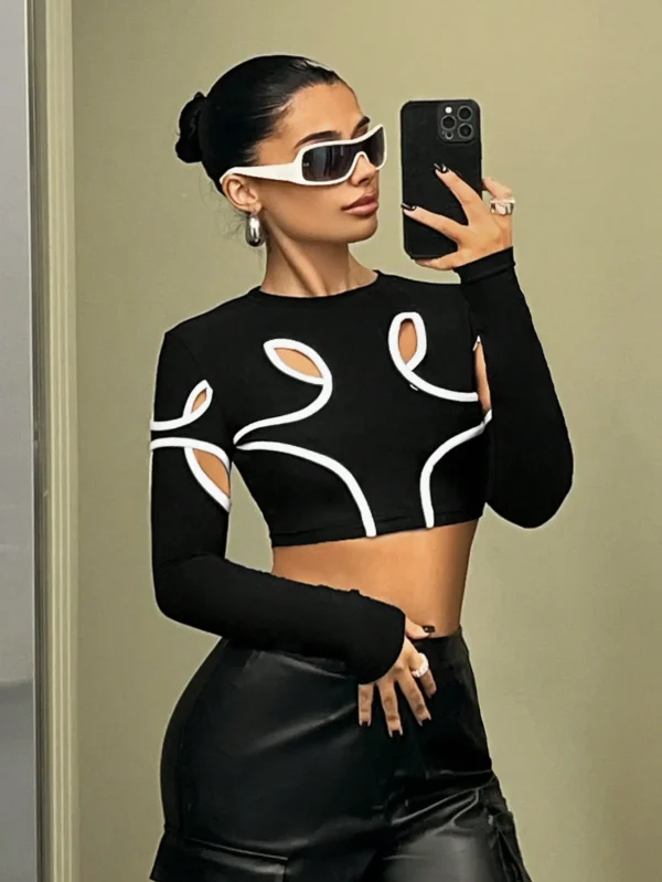 Spring and summer fashion short long sleeve top slim senior sense round neck spice girl style design lady - Image 2