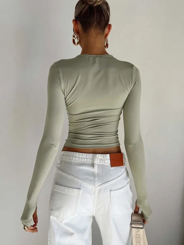 Fashion Women T-shirt Long Sleeve Crew Neck Solid Slim Fit Ladies Crop Top with Thumb Holes for Daily Streetwear Summer Camis - Image 2
