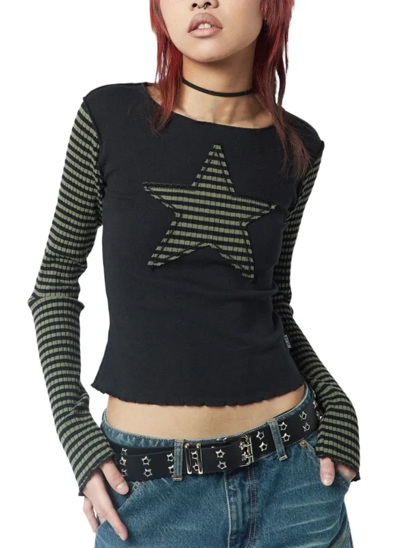 Women Star Casual Shirt Y2k Gothic Tops Long Sleeve Crew Neck Star Stripes Vintage Aesthetic Slim Tops Fashion Grunge Streetwear - Image 2