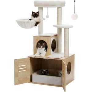 Cat Tree with Litter Box Enclosure, 50" Modern Cat Tree for Large/Fat Cats with Condo, Wooden Cat Furniture with Large Hammo