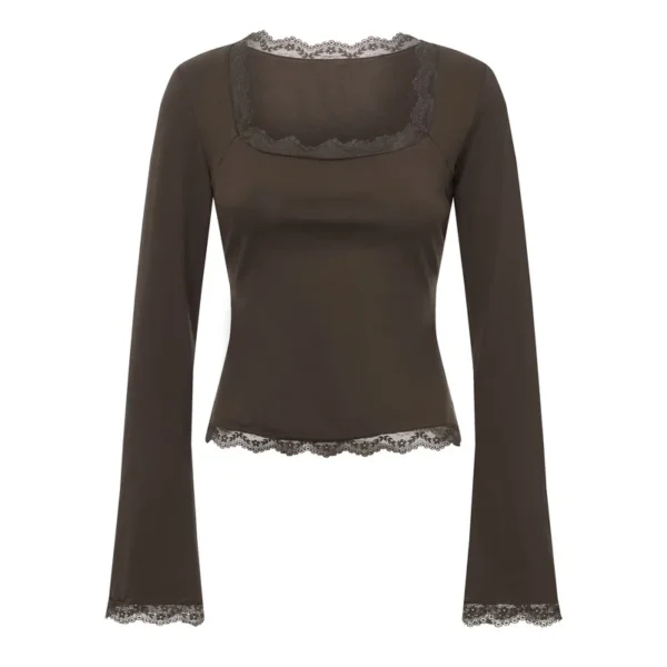 Imcute Women's Spring Lace Trim Tee Shirt Blouses Fashion Long Sleeve Square Neck Slim Trendy Party T-shirt Y2K Streetwear - Image 3