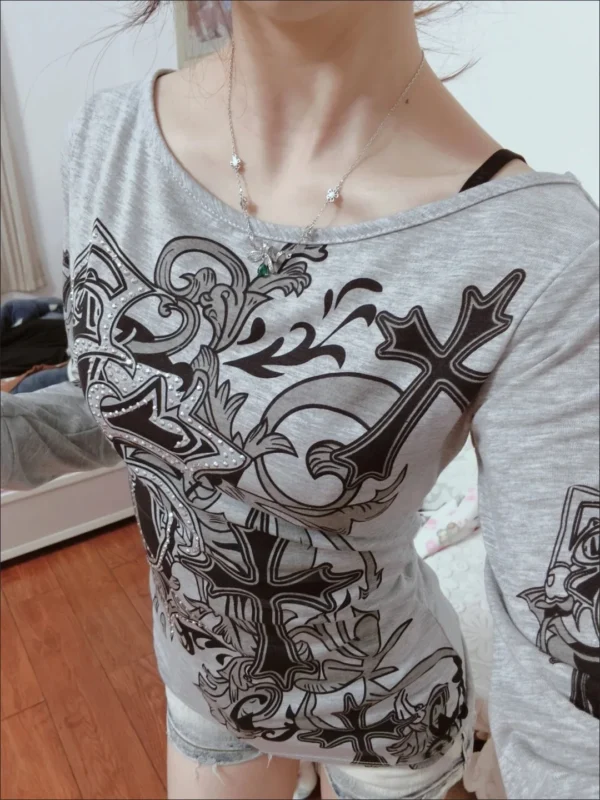 Onalippa American Retro Cross Print One Shoulder Long Sleeved T-shirt Women Autumn Slim Fit Slimming Hot Pressed Diamond Top - Image 2