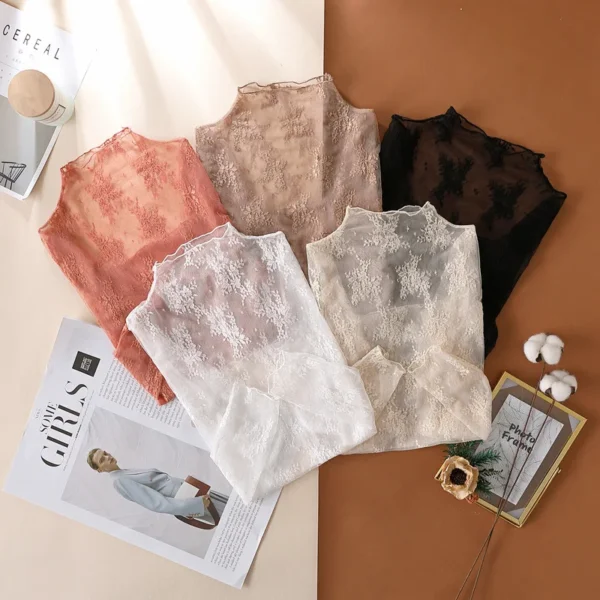 S-XL New Women Floral Lace Shirt Spring Autumn Long Sleeve Sexy Mesh Bottoming Shirts Mock Neck Blouse T-Shirt Pullover Top - Image 3