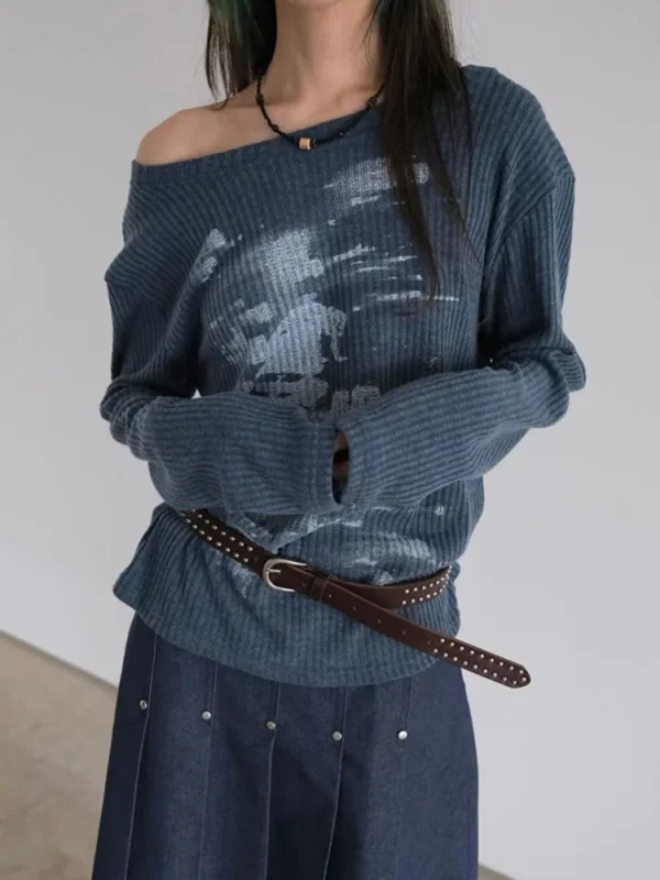 Autumn Harajuku Women Printing Tees Vintage Streetwear Grunge Skew Collar Tops Y2k Aesthetic Loose Casual Hiphop Vintage Tops - Image 6