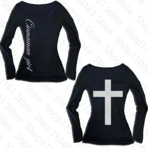 Vintage T-shirt Letter Graphic Print O Neck Long Sleeve Tee Women's Slim Fit Crop Tops Girl Emo Streetwear 2000s Summer tops emo