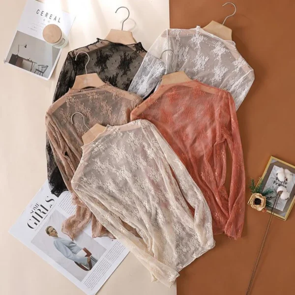 S-XL New Women Floral Lace Shirt Spring Autumn Long Sleeve Sexy Mesh Bottoming Shirts Mock Neck Blouse T-Shirt Pullover Top - Image 4