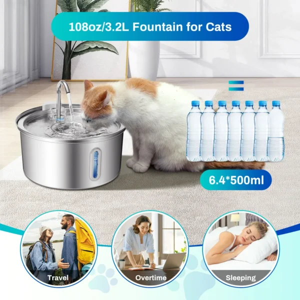 Cat Water Fountain Stainless Steel, 108oz/3.2L Pet Water Fountain With Ultra Quiet Pump, Filtration System,Water Level Window - Image 3
