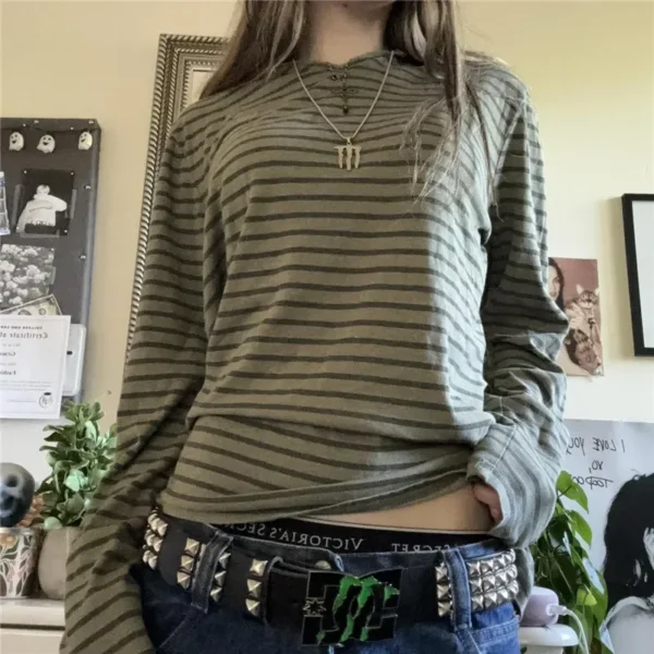 Y2k Teen Striped Long Sleeve T-Shirts Fairy Grunge Print Baggy Tops Vintage Harajuku 2000s E-Girl Shirts Vintage Streetwear - Image 2