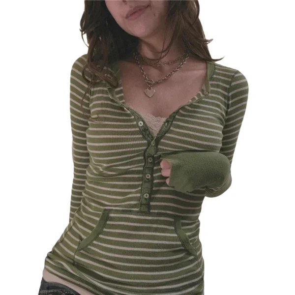 Stripe T Shirts for Women Button V Neck Long Sleeve Tops with Pocket y2k 2000s Fairy Grunge Clothes Vintage Streetwear