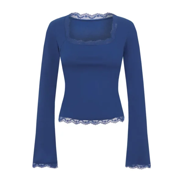 Imcute Women's Spring Lace Trim Tee Shirt Blouses Fashion Long Sleeve Square Neck Slim Trendy Party T-shirt Y2K Streetwear - Image 4