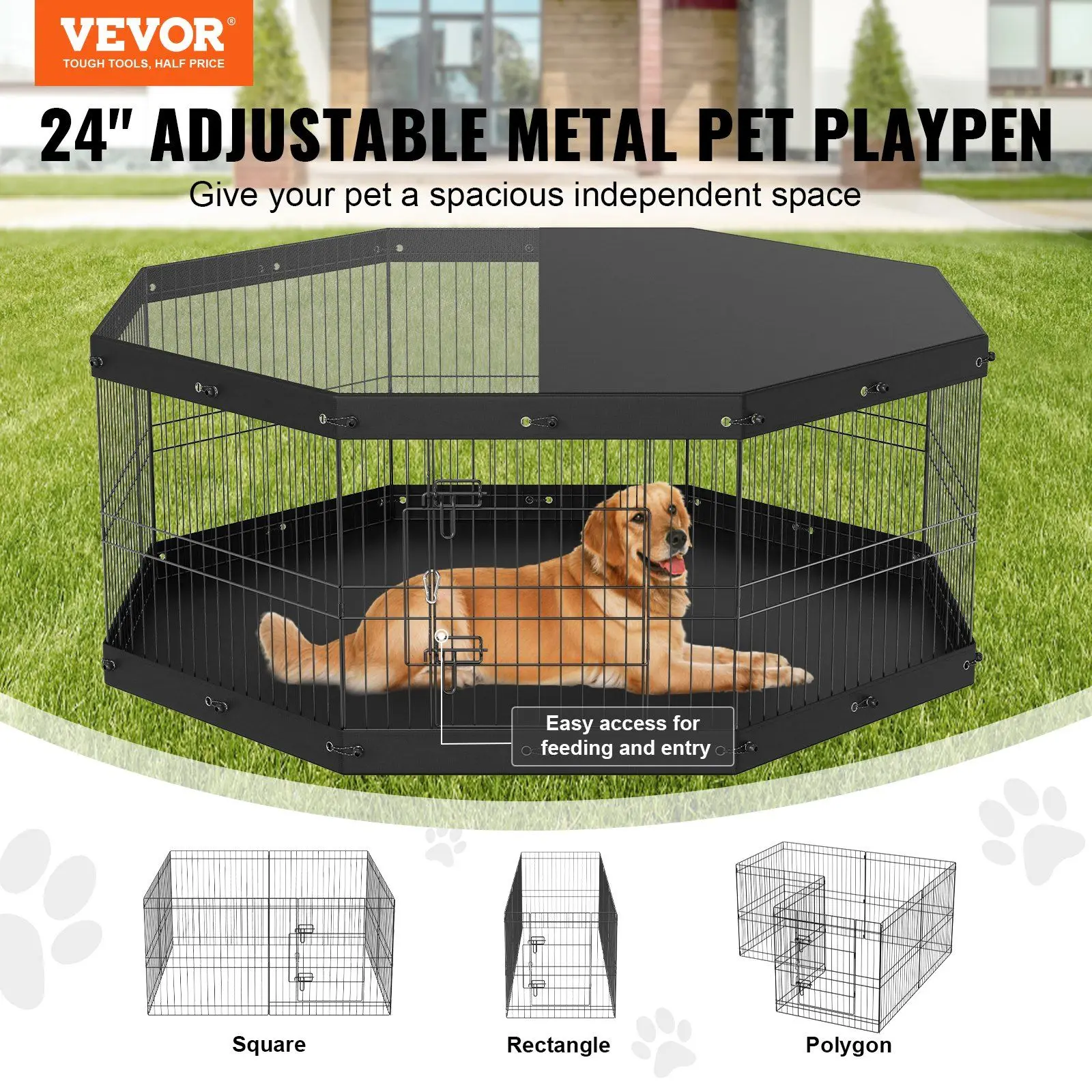 Dog Playpen, 8 Panels Foldable Metal Dog Exercise Pen with Top Cover and Bottom Pad, 24" H Pet Fence Puppy Crate Kennel, I - Image 2