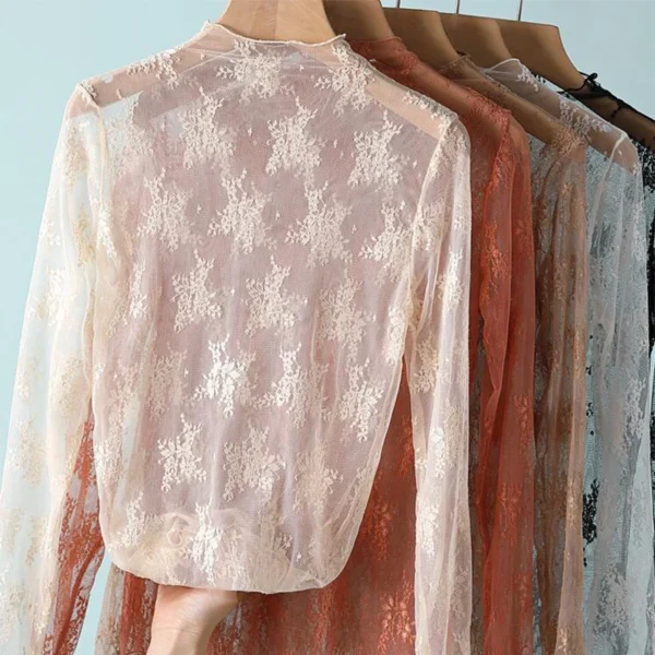 S-XL New Women Floral Lace Shirt Spring Autumn Long Sleeve Sexy Mesh Bottoming Shirts Mock Neck Blouse T-Shirt Pullover Top - Image 5