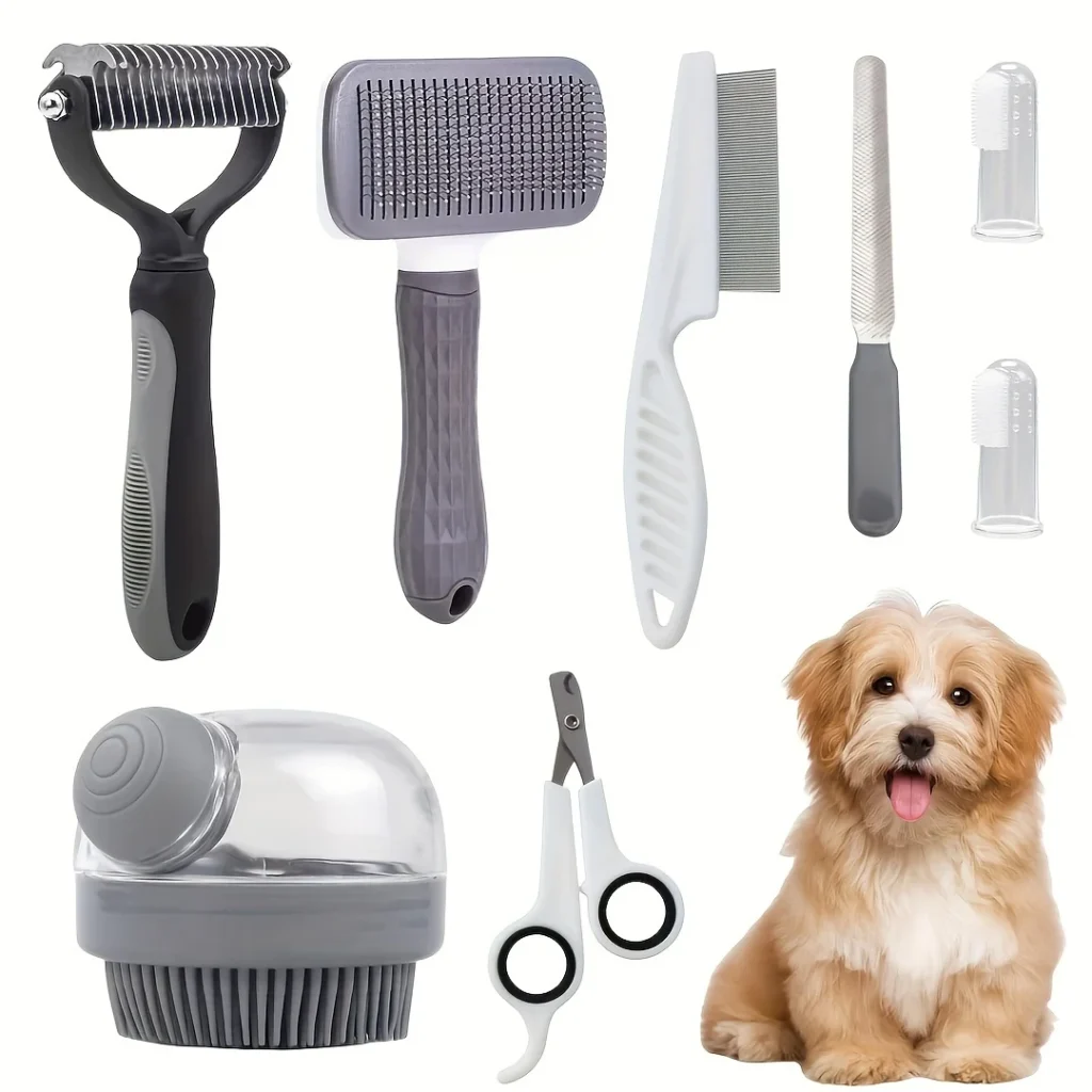 8pcs/set Dog Grooming Kit, Self-cleaning Pet Grooming Set with Nail Clippers And File, Flea Comb, Shampoo Bath Brush, Hair Remov
