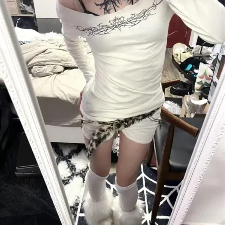 Y2k Gothic Print T-shirt Trashy 2000s Style Long Sleeve Tops Vintage Harajuku Streetwear American Retro T-shirts