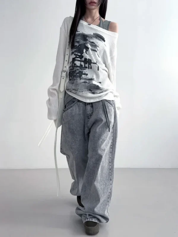 Autumn Harajuku Women Printing Tees Vintage Streetwear Grunge Skew Collar Tops Y2k Aesthetic Loose Casual Hiphop Vintage Tops - Image 3