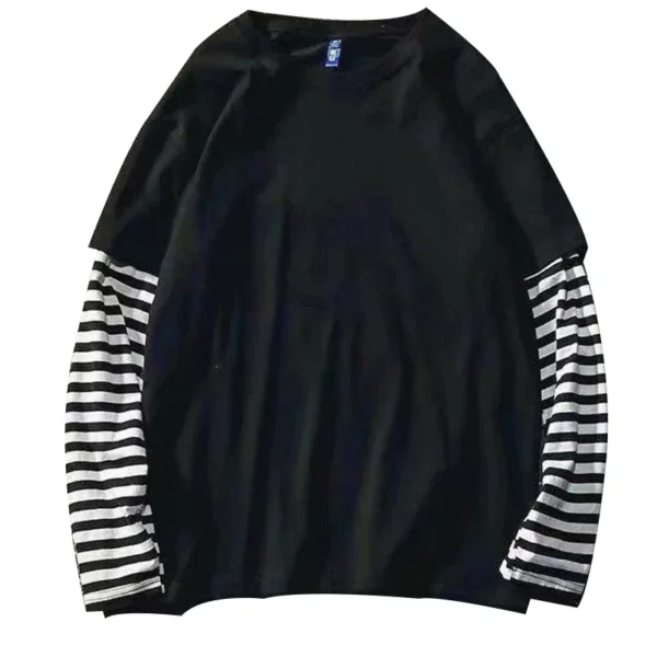 New Harajuku Black White Striped Hip Hop T-shirts Men Women Autumn Cotton Fake Two Piece Long Sleeve Loose Tshirt Female